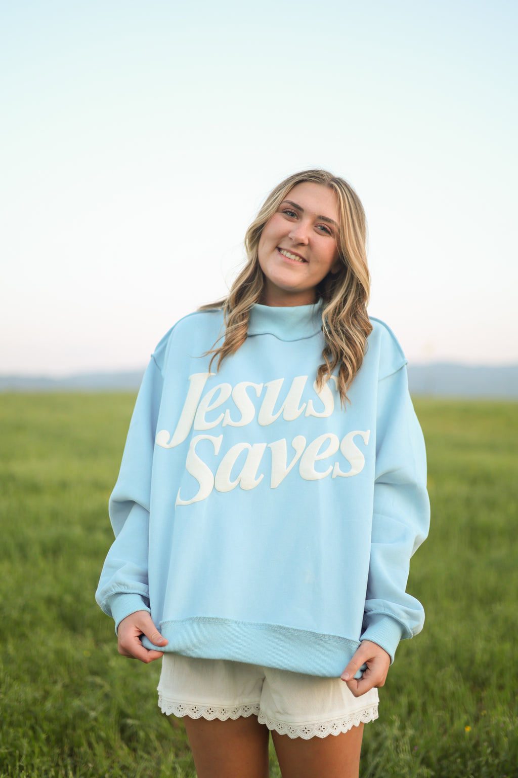 Jesus Saves Mockneck Blue