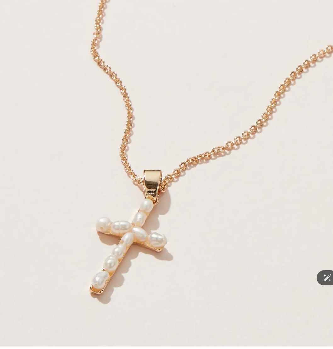Gold Cross Pendant Necklace with Pearls